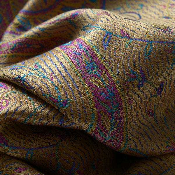 SILK MARK - 100% Superfine Silk Multi Colour Paisley and Leaves Pattern Honey Colour Jacquard Jamawar Scarf with Fringes (Size 180x70 Cm) (Weight 125-140 Grams)