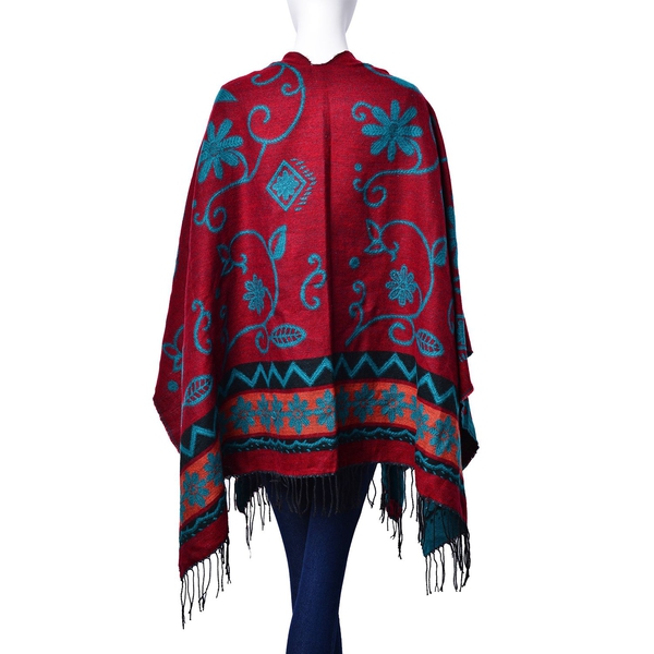 Red and Orange Colour Floral Pattern Green Colour Poncho (Size 130x75 Cm)