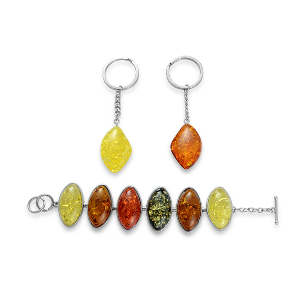 Simulated Amber 2 Key Chain and Bracelet (Size 7.5) Set in Silver Tone