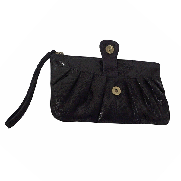 ASSOTS LONDON Darcy Genuine Leather Fully Lined Snake Print Pleated Wrislet Purse - Black