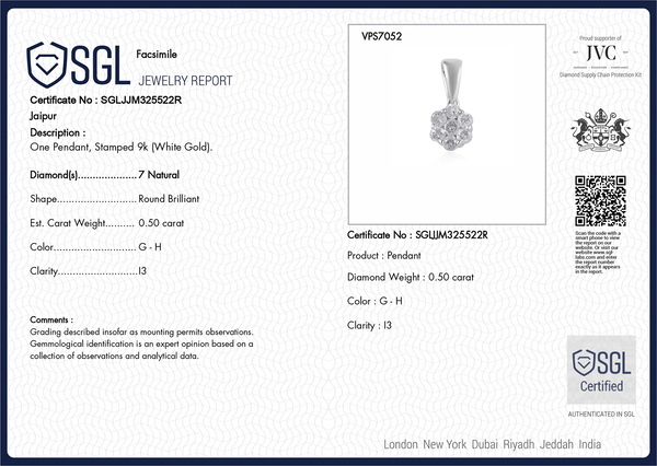 9K White Gold SGL Certified Diamond (I3/G-H) Pendant 0.50 Ct.