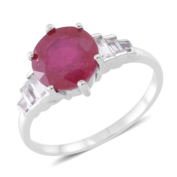 Designer Inspired- African Ruby (Rnd 4.15 Ct), Natural White Cambodian Zircon Ring in Rhodium Plated