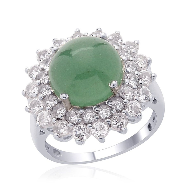 Emerald Quartz (Rnd 5.75 Ct), White Topaz Ring in Platinum Overlay Sterling Silver 7.750 Ct.
