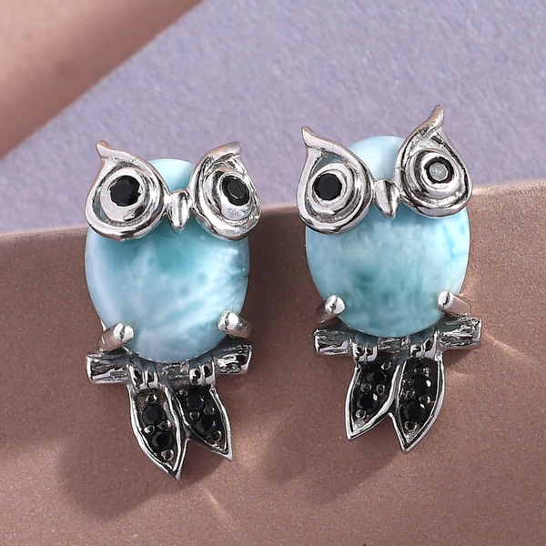 GP - Larimar, Black Spinel and Kanchanaburi Blue Sapphire Owl Stud Earrings (With Push Back) in Platinum Overlay Sterling Silver 8.37 Ct.