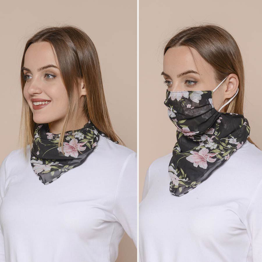2 in 1 Flower Pattern Chiffon Soft Feel Scarf and Protective Face Covering (Size 45x45 Cm) - Black - Pink