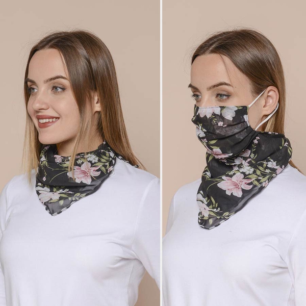 2 in 1 Flower Pattern Chiffon Soft Feel Scarf and Protective Face Covering (Size 45x45 Cm) - Black & Pink