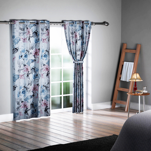 SERENITY NIGHT Set of 2 -  Flower Pattern Blackout Curtain with 8 Eyelets and LED Band (Size 140x240cm) - Pink & Blue