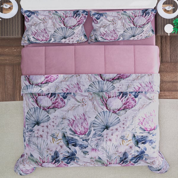 4 Piece Set - Digital Floral Printed Comforter (Size 225x220cm), Fitted Sheet (Size 200x150cm) and 2 Pillowcase (Size 70x50cm) - Pink (King)