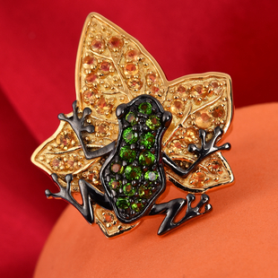 GP Chrome Diopside (Rnd), Citrine and Blue Sapphire Frog on Maple Leaf Ring in 14K Gold and Black Ov