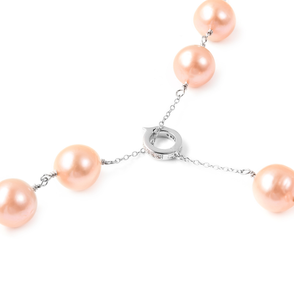 GP - Peach Edison Pearl, Diamond and Blue Sapphire Adjustable Lariat Necklace (Size 24) in Rhodium Overlay Sterling Silver