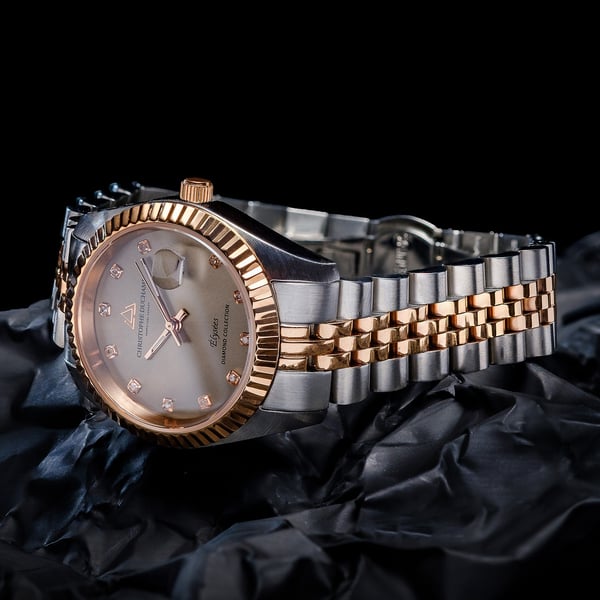 CHRISTOPHE DUCHAMP: Elysees Swiss Movement Watch With Diamonds in Silver and Rose Gold Tone Stianless Steel