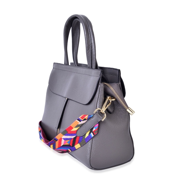 Designer Inspired  - Limited Edition- 100% Genuine Premium Leather Grey Colour Tote Bag with Removable Colourful Shoulder Strap (Size 29X22X10.5 Cm)