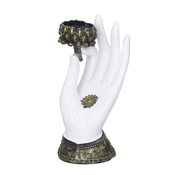 Decorative Standing Buddha Lotus Palm with Candelstick Holder (Size 18x11x8 Cm) - White, Black & Gol