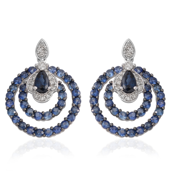 14K White Gold AAA Madagascar Blue Sapphire (Pear and Rnd), Diamond (G-H/I1-I2) Earrings (with Push 