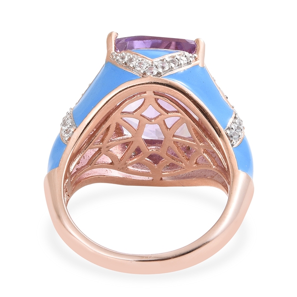Rose De France Amethyst (Cush 12.50 Ct), Natural Cambodian Zircon Enameled Ring in Rose Gold Overlay Sterling Silver 13.250 Ct. Silver wt 10.32 Gms.