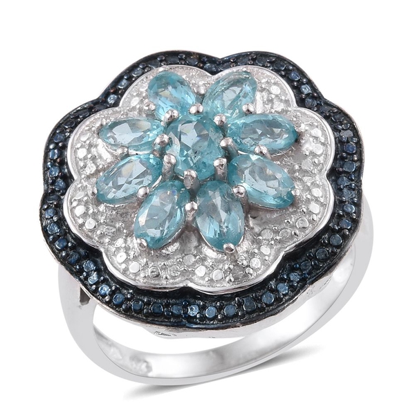 Paraiba Apatite (Ovl), Blue and White Diamond Floral Ring in Platinum Overlay Sterling Silver 2.500 