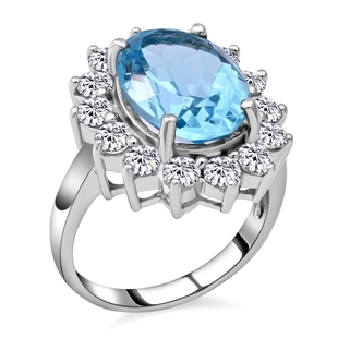 Skyblue Topaz and Natural Cambodian Zircon Ring in Platinum Overlay Sterling Silver 9.25 Ct.