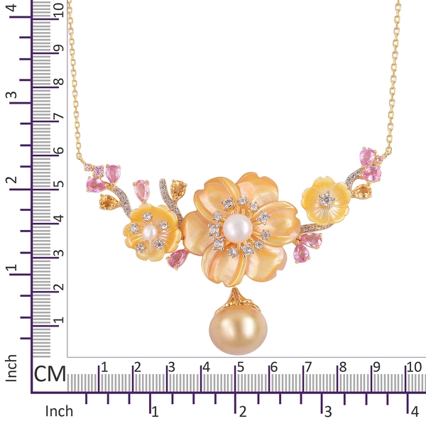 Jardin Collection - Yellow Mother of Pearl, South Sea Golden Pearl, Pink Sapphire and Multi Gemstone Flower Necklace (Size 18 with 2 inch Extender) in Yellow Gold Overlay Sterling Silver