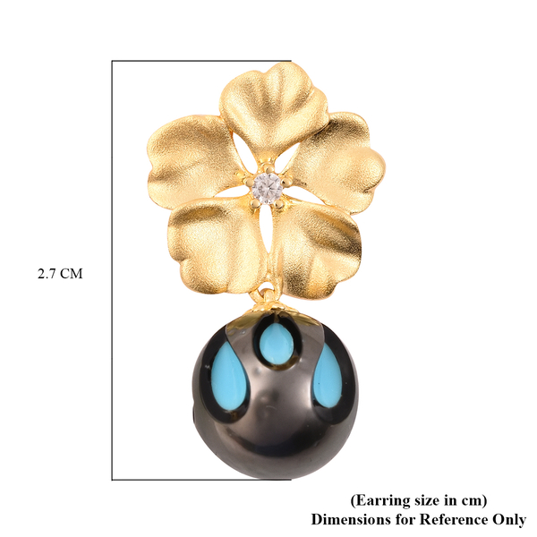 Galatea Pearl - Tahiti Pearl and Natural Cambodian Zircon Floral Design Earrings  (with Push Back) in Yellow Gold Overlay Sterling Silver