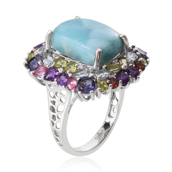 GP Larimar (Cush 11.25 Ct), Iolite, Sky Blue Topaz, Amethyst, Hebei Peridot, Mozambique Garnet, Mahenge Pink Spinel and Multi Gem Stone Ring in Platinum Overlay Sterling Silver 17.000 Ct.