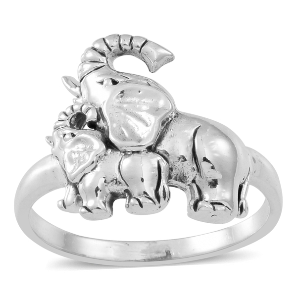 Thai Sterling Silver Elephant with Calf Ring, Silver wt 5.29 Gms.