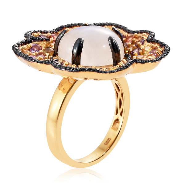 Sri Lankan Rainbow Moonstone (Rnd 10.50 Ct), Rainbow Sapphire Floral Ring in 14K Gold and Black Rhodium Overlay Sterling Silver 14.750 Ct. Silver wt 13.96 Gms.