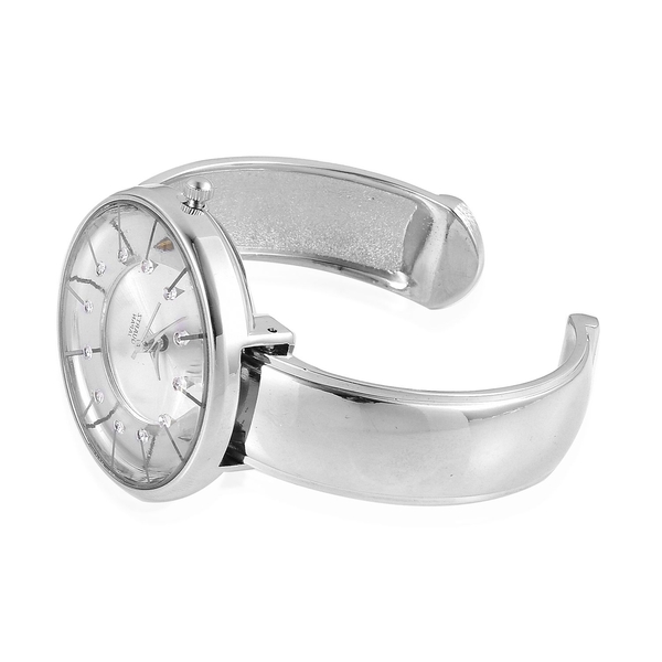 STRADA Japanese Movement White Austrian Crystal Studded Silver Dial Water Resistant Bangle Watch in Silver Tone with Stainless Steel Back