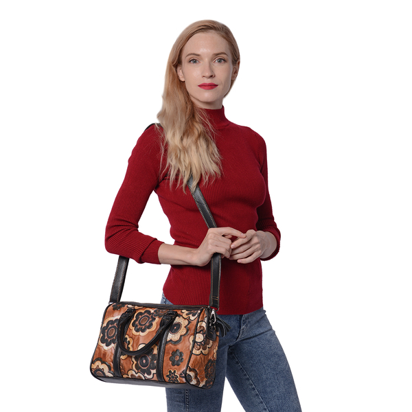 100% Genuine Leather Embossed Floral Pattern Satchel Bag (Size 31x9x21cm) - Brown and Black