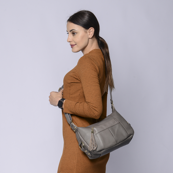 SENCILLEZ. Genuine Leather Womens Crossbody Bag with Shouler Strap (Size 29x10x21 Cm) - Grey