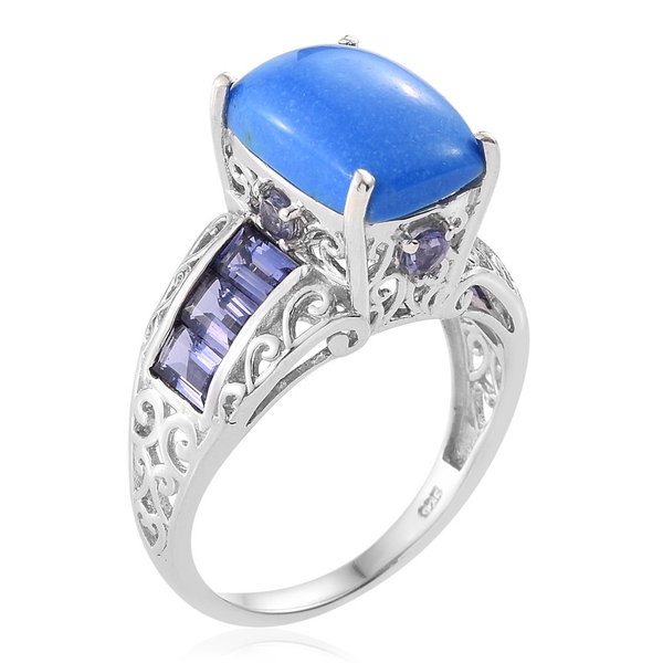 Ceruleite (Cush 5.25 Ct), Iolite Ring in Platinum Overlay Sterling Silver 6.925 Ct.