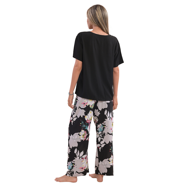 La Marey 100% Viscose Floral Pattern Loungewear Set (Size S/M, 8-14) - Black