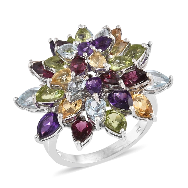 Amethyst (Pear), Hebei Peridot and Multi Gemstone Flower Ring in Platinum Overlay Sterling Silver 10