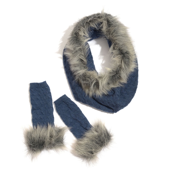 Blue Colour Knitted Snood and Hand Gloves with Fur