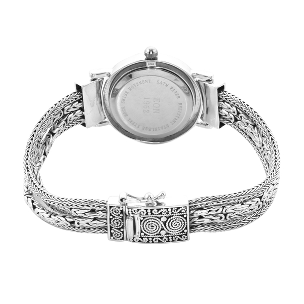 Royal Bali Collection - EON 1962 Swiss Movement Water Resistant Filigree 4 Row Tulang Naga and Borobudur Bracelet Watch (Size 6.5) in Sterling Silver, Silver wt 32.00 Gms
