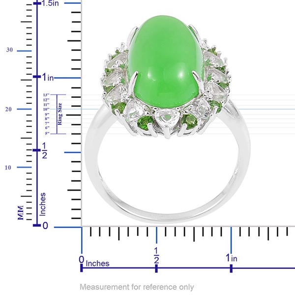 Green Jade (Ovl 10.00 Ct), White Topaz and Chrome Diopside Ring in Rhodium Plated Sterling Silver 12.030 Ct.