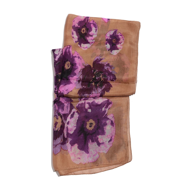100% Mulberry Silk Purple and Pink Colour Floral Pattern Light Chocolate Colour Scarf (Size 175x50 Cm)