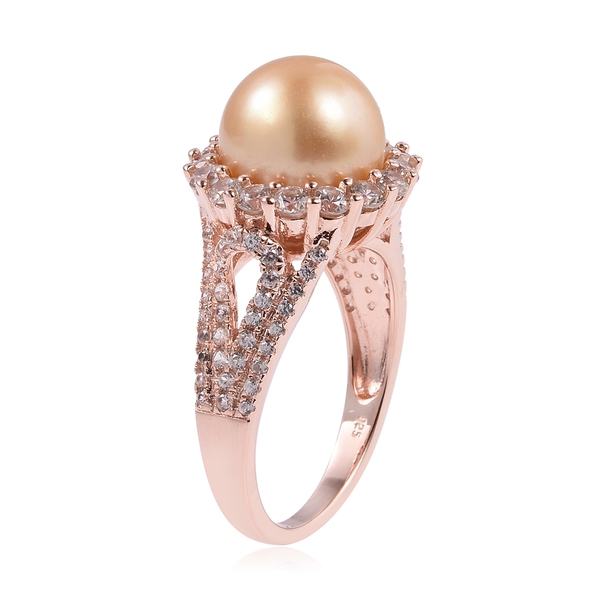 South Sea Golden Pearl (Rnd 11-11.5 mm), Natural Cambodian White Zircon Cocktail Ring in Rose Gold Overlay Sterling Silver
