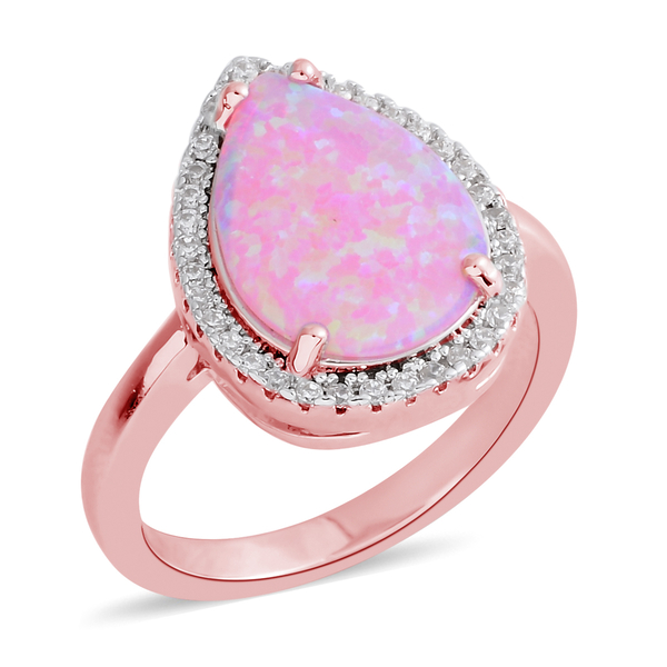 New Concept - Simulated Pink Opal (Pear), Simulated Diamond Ring in Rose Gold Bond
