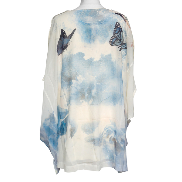 100% Viscose and Cotton Floral and Butterfly Watercolour Print Floaty Chiffon Top (Size:8-16) - Blue