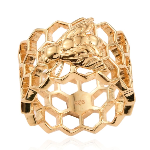 14K Gold Overlay Sterling Silver Honey Comb with Bee Band Ring, Silver wt 5.94 Gms.