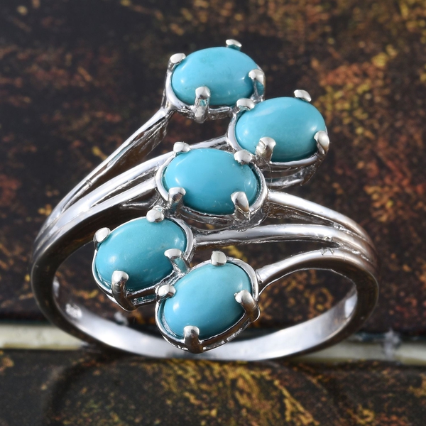 Arizona Sleeping Beauty Turquoise (Ovl) 5 Stone Ring in Platinum Overlay Sterling Silver 2.000 Ct.
