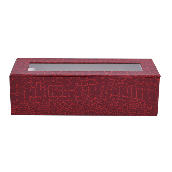 5 Slot Watch Box with Transparent Window (Size 25x10x7Cm) - Dark Red Colour