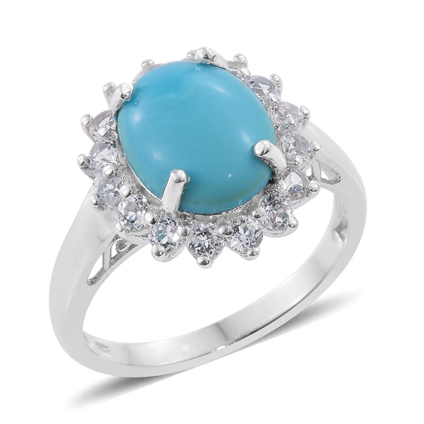 Arizona Sleeping Beauty Turquoise (Ovl 3.95 Ct), White Topaz Ring in Platinum Overlay Sterling Silve