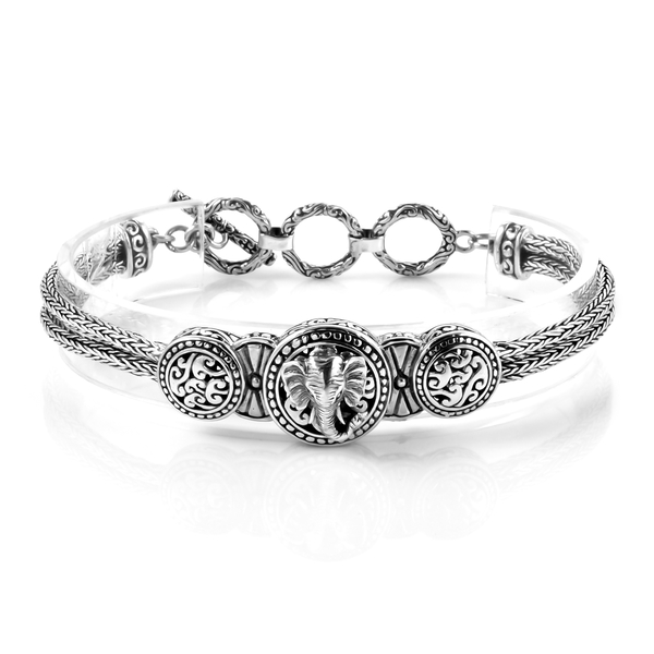 Royal Bali Collection - Sterling Silver Elephant Tulang Naga Bracelet (Size 7.5) with T Lock, Silver