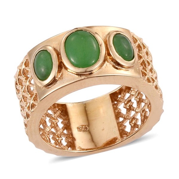 Green Jade (Ovl 1.15 Ct) 3 Stone Ring in 14K Gold Overlay Sterling Silver 2.400 Ct.