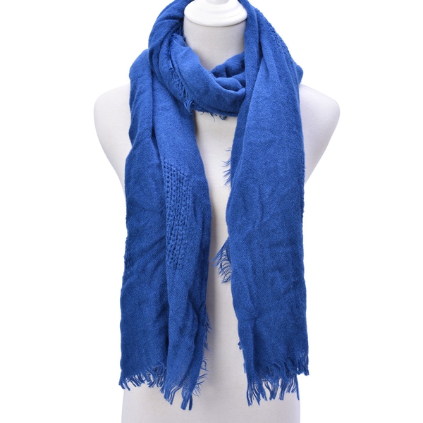 Weave Pattern Blue Colour Scarf with Fringes (Size 210x70 Cm)