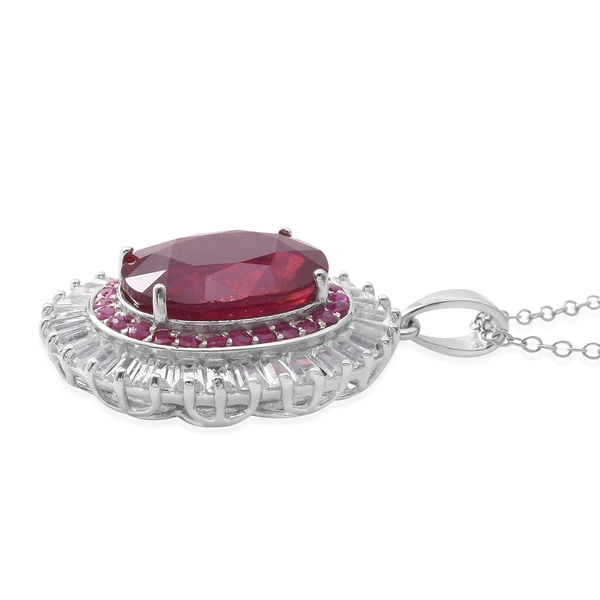 African Ruby (FF), White Topaz and Ruby Pendant with Chain in Rhodium Plated Sterling Silver 12.000 Ct.