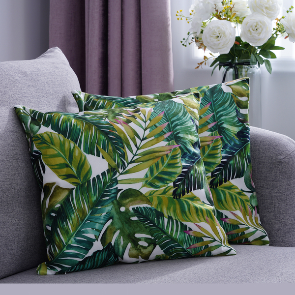 Set of 2 - Leaves Pattern Cushion Cover with Zipper Closure (Size 43x43cm) - White & Green