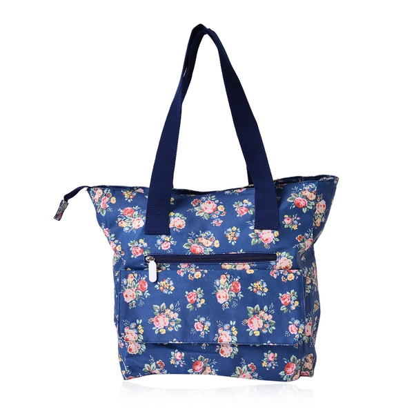 Multi Colour Floral Pattern Blue Tote Bag with External Zipper Pocket (Size 44x33x33x11 Cm)