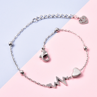 Heart and Heartbeat Bracelet (Size 7 with 1 inch Ext.) inStainless Steel